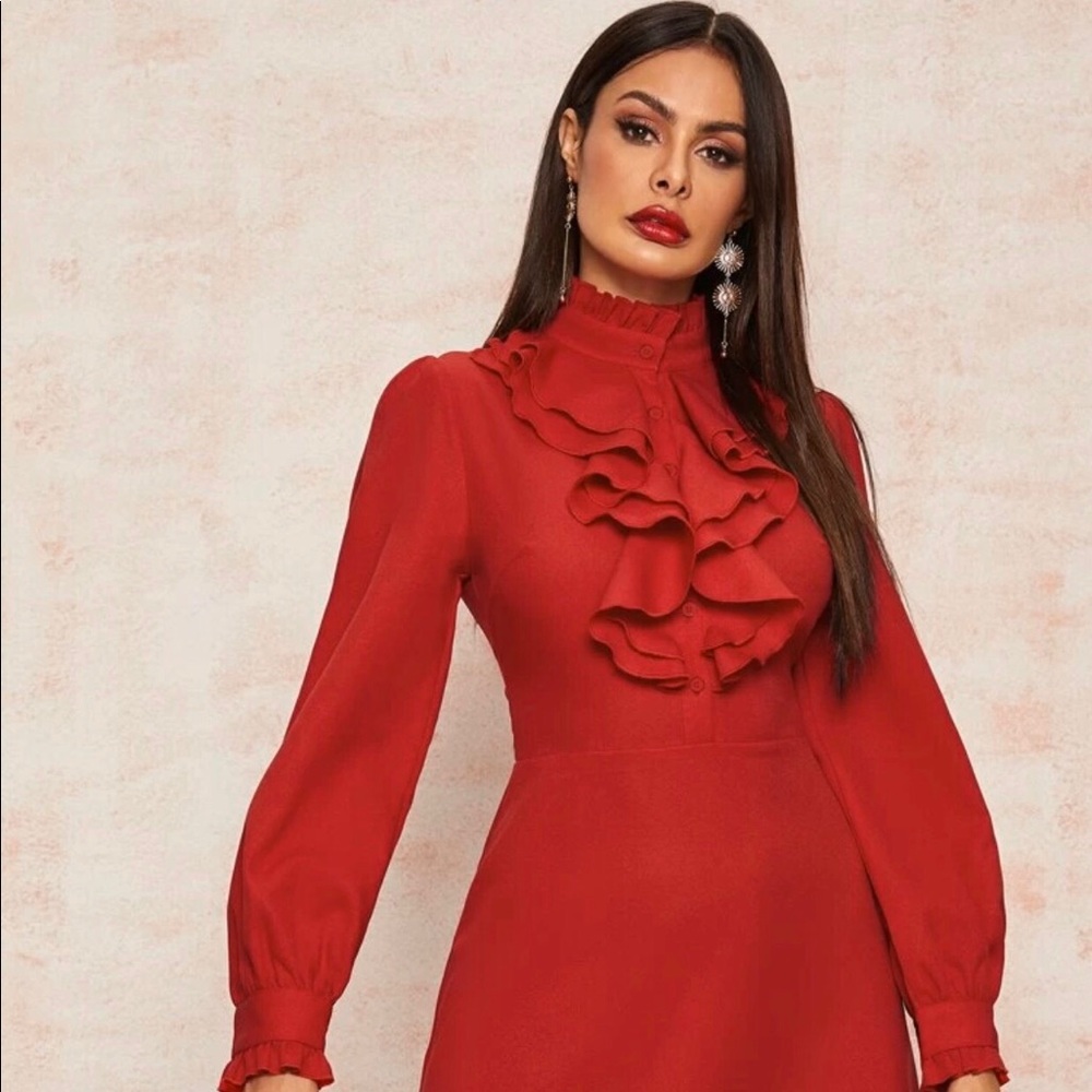 Frilled Neck Bishop Sleeve Ruffle Trim Dress - image 3